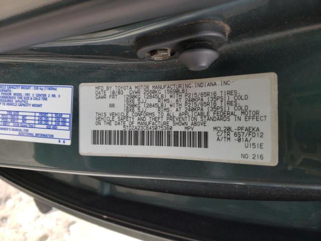 5TDZA23C64S075360 - 2004 TOYOTA SIENNA CE GREEN photo 14