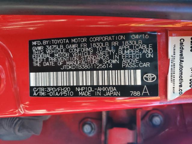 JTDKDTB38G1125614 - 2016 TOYOTA PRIUS C RED photo 12