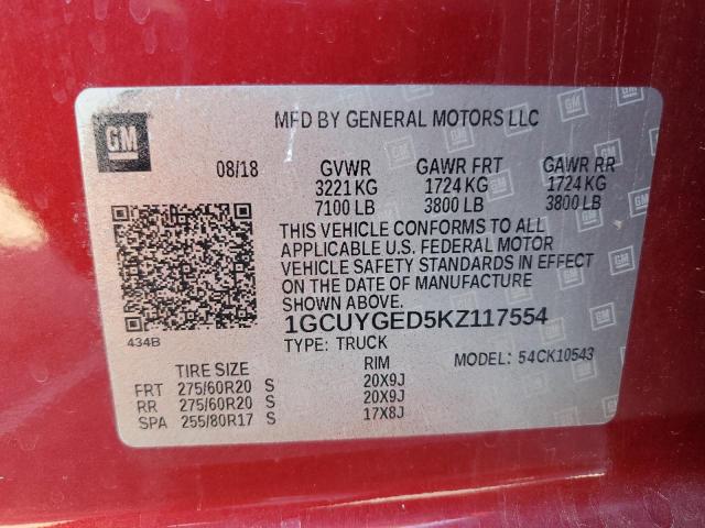 1GCUYGED5KZ117554 - 2019 CHEVROLET SILVERADO K1500 LTZ RED photo 12