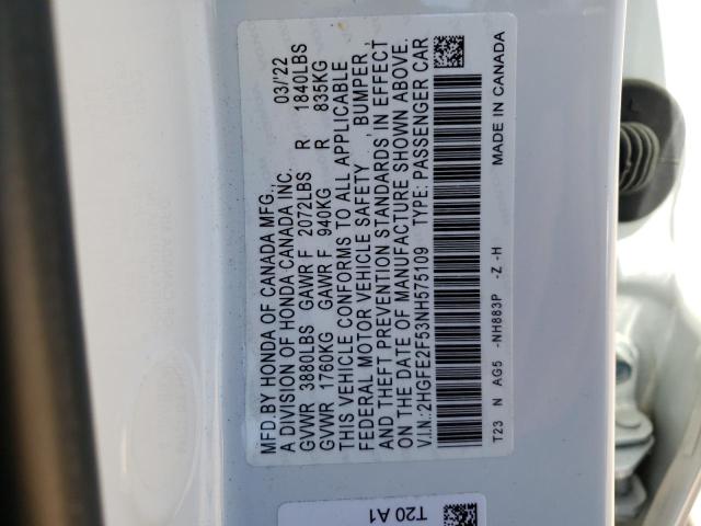2HGFE2F53NH575109 - 2022 HONDA CIVIC SPORT 白色 照片 13