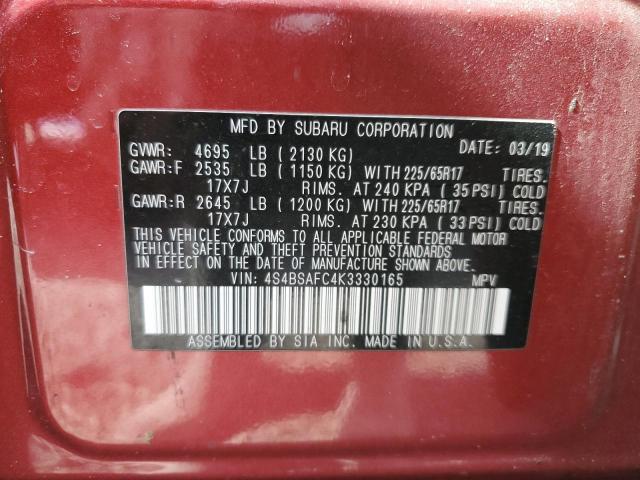 4S4BSAFC4K3330165 - 2019 SUBARU OUTBACK 2.5I PREMIUM BURGUNDY photo 13