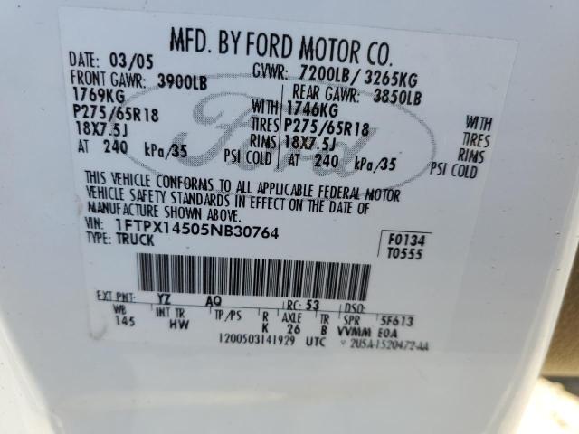 1FTPX14505NB30764 - 2005 FORD F150 WHITE photo 12