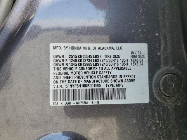 5FNYF5H10KB001505 - 2019 HONDA PILOT LX GRAY photo 13