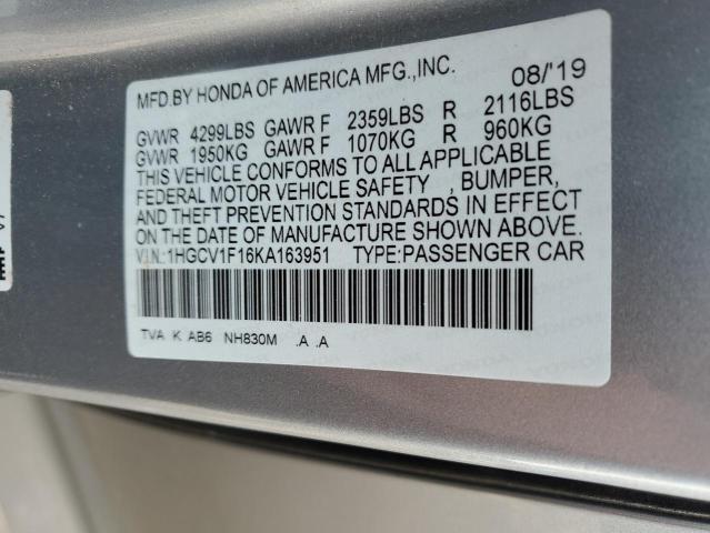 1HGCV1F16KA163951 - 2019 HONDA ACCORD LX SILVER photo 12