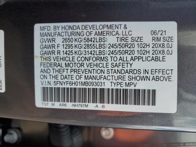 5FNYF6H01MB093031 - 2021 HONDA PILOT ELITE GRAY photo 14