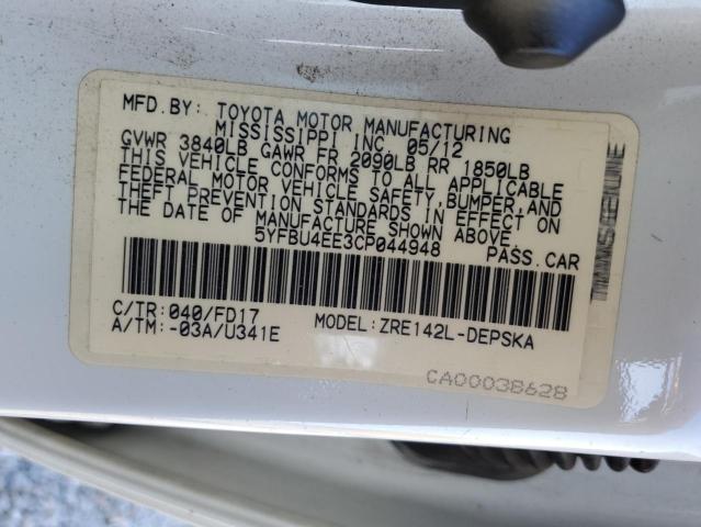 5YFBU4EE3CP044948 - 2012 TOYOTA COROLLA BASE WHITE photo 12