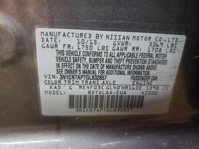 3N1CN7AP7GL832857 - 2016 NISSAN VERSA S GRAY photo 12