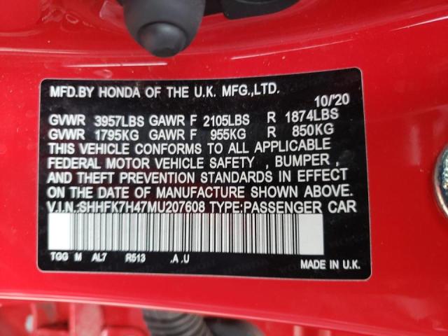 SHHFK7H47MU207608 - 2021 HONDA CIVIC SPORT 红色 照片 10