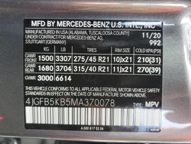 4JGFB5KB5MA370078 - 2021 MERCEDES-BENZ GLE 450 4MATIC GRAY photo 12