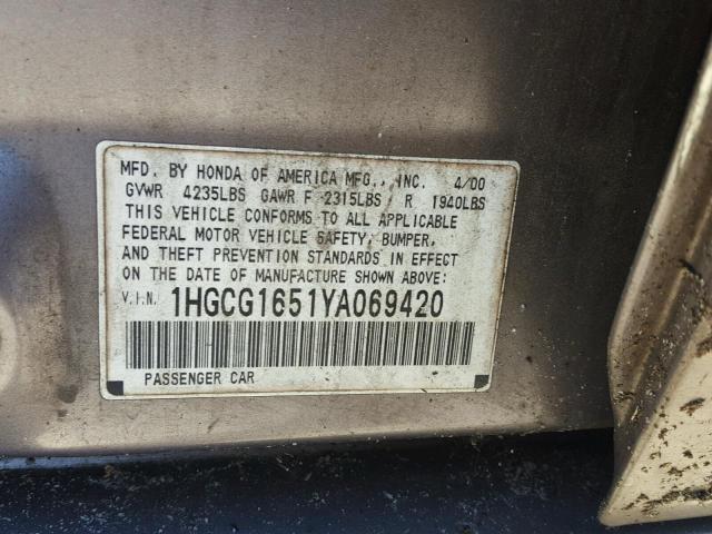 1HGCG1651YA069420 - 2000 HONDA ACCORD EX GRAY photo 10