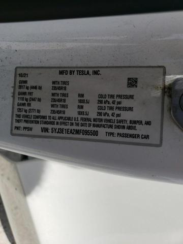 5YJ3E1EA2MF095500 - 2021 TESLA MODEL 3 WHITE photo 12