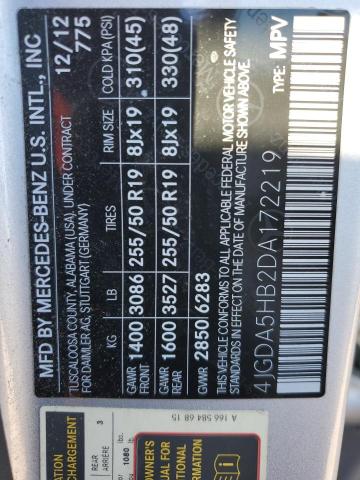 4JGDA5HB2DA172219 - 2013 MERCEDES-BENZ ML 350 4MATIC SILVER photo 12