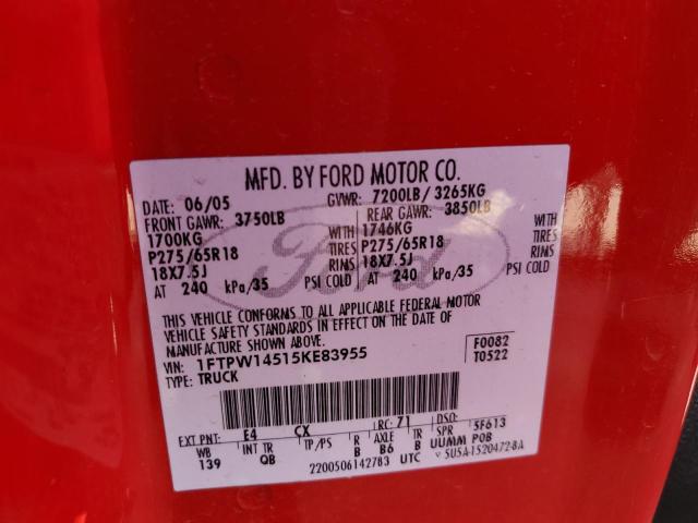 1FTPW14515KE83955 - 2005 FORD F150 SUPERCREW RED photo 12