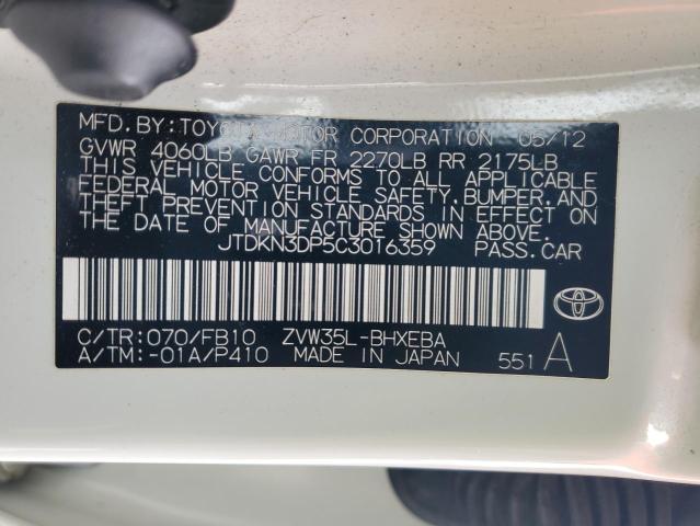 JTDKN3DP5C3016359 - 2012 TOYOTA PRIUS PLUG WHITE photo 13