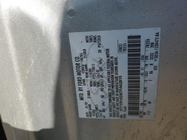 1FTYR10D87PA62815 - 2007 FORD RANGER SILVER photo 12