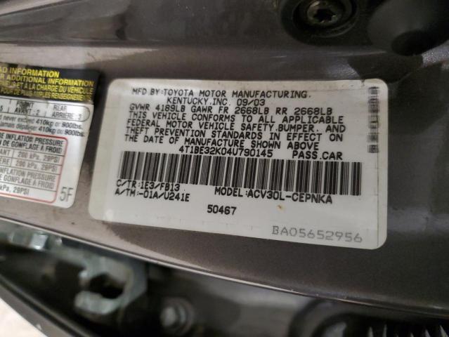 4T1BE32K04U790145 - 2004 TOYOTA CAMRY LE GRAY photo 12