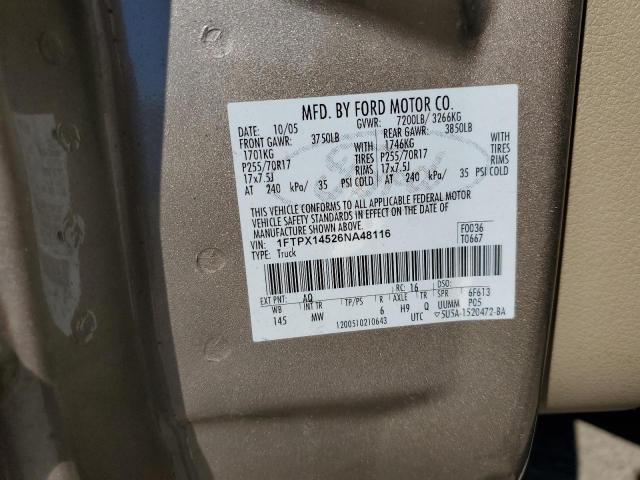 1FTPX14526NA48116 - 2006 FORD F150 GOLD photo 12