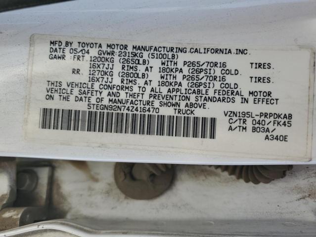 5TEGN92N74Z416470 - 2004 TOYOTA TACOMA DOUBLE CAB PRERUNNER WHITE photo 12
