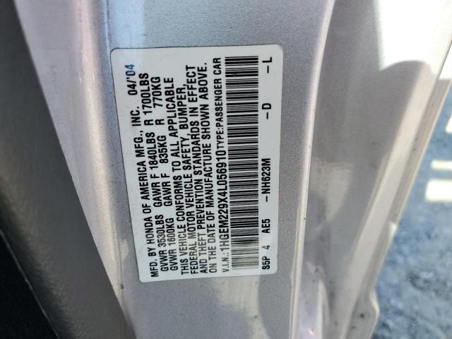 1HGEM229X4L056910 - 2004 HONDA CIVIC EX SILVER photo 12