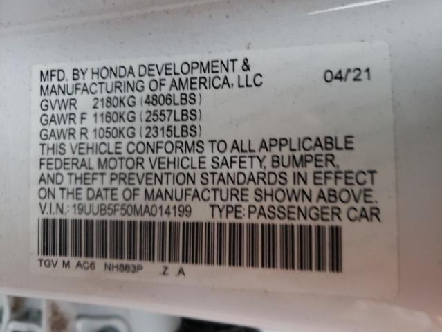 19UUB5F50MA014199 - 2021 ACURA TLX TECH A WHITE photo 10