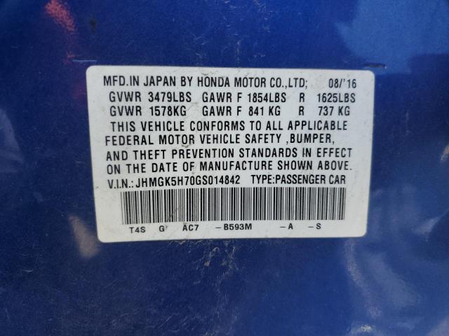 JHMGK5H70GS014842 - 2016 HONDA FIT EX BLUE photo 12