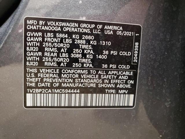 1V2BP2CA1MC594444 - 2021 VOLKSWAGEN ATLAS SEL GRAY photo 13