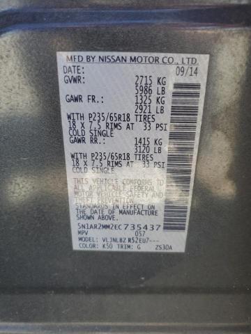 5N1AR2MM2EC735437 - 2014 NISSAN PATHFINDER S GRAY photo 14