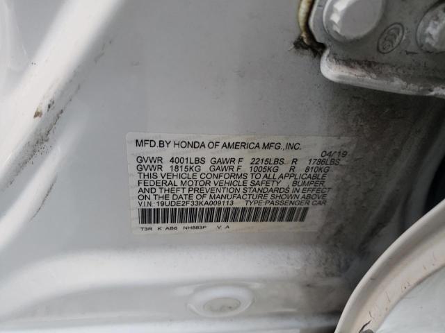 19UDE2F33KA009113 - 2019 ACURA ILX WHITE photo 12