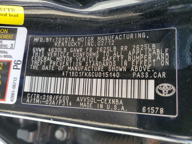 4T1BD1FK6CU015140 - 2012 TOYOTA CAMRY HYBRID BLACK photo 13