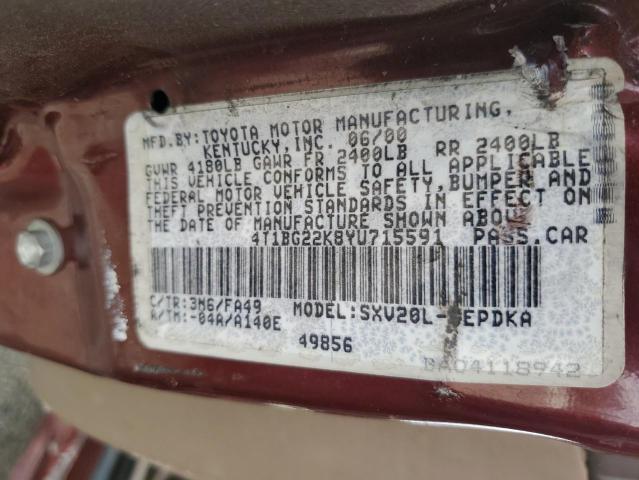 4T1BG22K8YU715591 - 2000 TOYOTA CAMRY CE MAROON photo 12