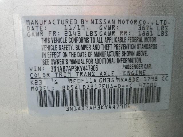 3N1AB7AP3KY447906 - 2019 NISSAN SENTRA S SILVER photo 12