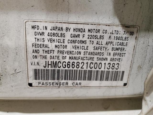 JHMCG66821C001383 - 2001 HONDA ACCORD EX WHITE photo 12