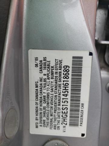 2HGES15145H618689 - 2005 HONDA CIVIC DX SILVER photo 12