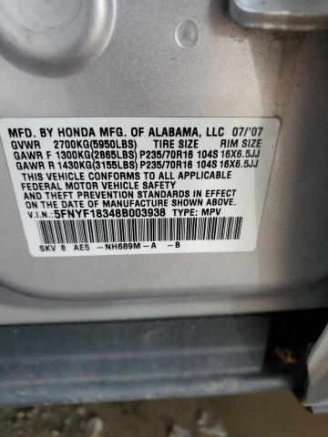 5FNYF18348B003938 - 2008 HONDA PILOT SE SILVER photo 13