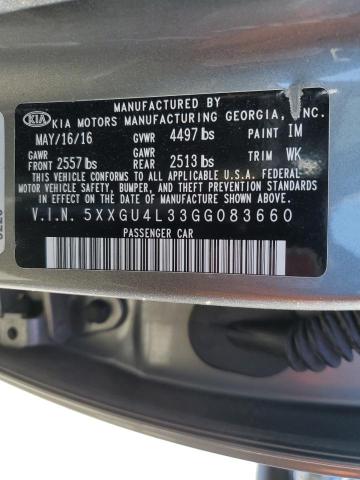 5XXGU4L33GG083660 - 2016 KIA OPTIMA EX GRAY photo 12