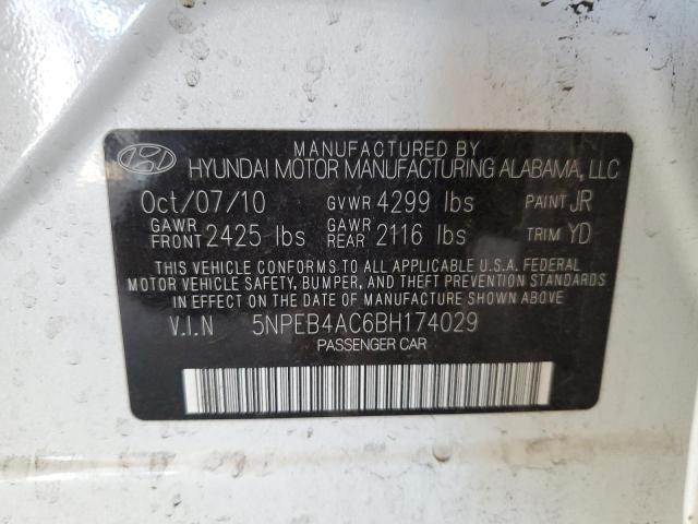 5NPEB4AC6BH174029 - 2011 HYUNDAI SONATA GLS WHITE photo 12