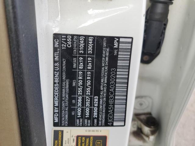 4JGDA5HB3CA030203 - 2012 MERCEDES-BENZ ML 350 4MATIC WHITE photo 12