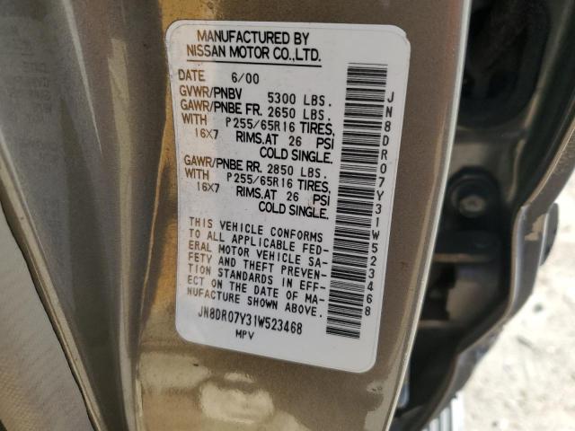 JN8DR07Y31W523468 - 2001 NISSAN PATHFINDER LE შავი ფოტო 13