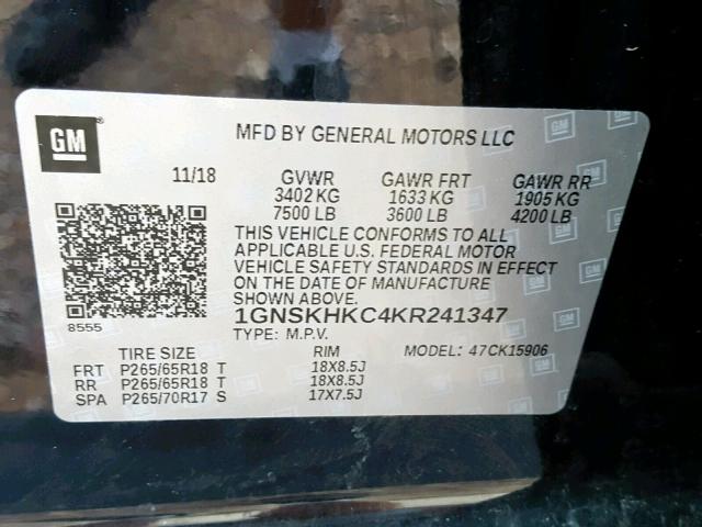 1GNSKHKC4KR241347 - 2019 CHEVROLET SUBURBAN K1500 LT  photo 10