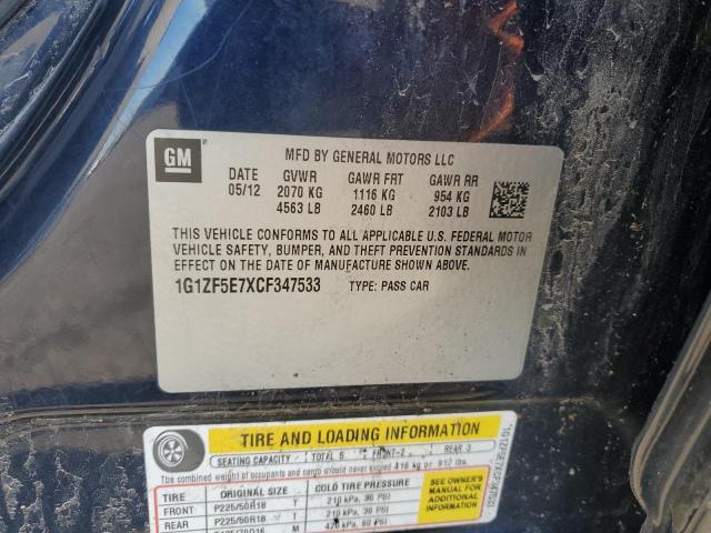 1G1ZF5E7XCF347533 - 2012 CHEVROLET MALIBU 3LT ლურჯი ფოტო 12