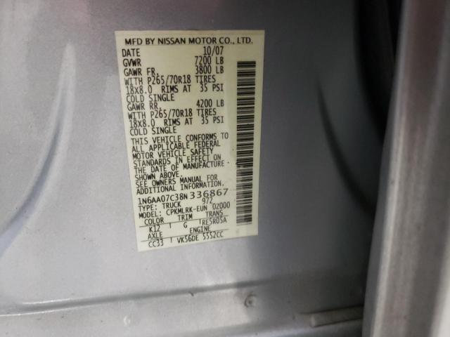 1N6AA07C38N336867 - 2008 NISSAN TITAN XE SILVER photo 12