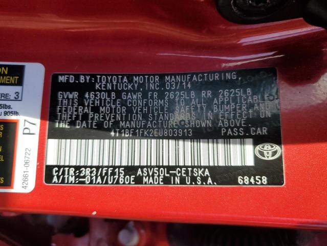 4T1BF1FK2EU803913 - 2014 TOYOTA CAMRY L RED photo 13