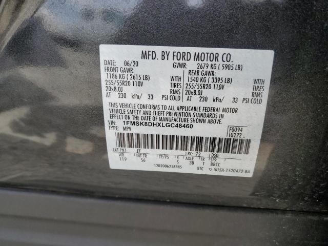 1FMSK8DHXLGC48460 - 2020 FORD EXPLORER XLT GRAY photo 13