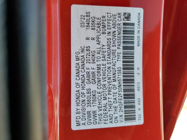 2HGFE2F50NH571583 - 2022 HONDA CIVIC SPORT 红色 照片 12