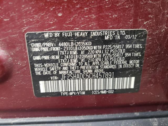 JF2SHADC5CH457891 - 2012 SUBARU FORESTER 2.5X PREMIUM MAROON photo 12