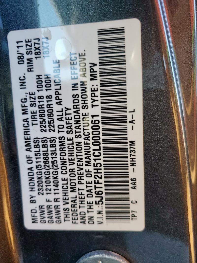 5J6TF2H51CL000061 - 2012 HONDA CROSSTOUR EXL გრაფიტი ფოტო 12