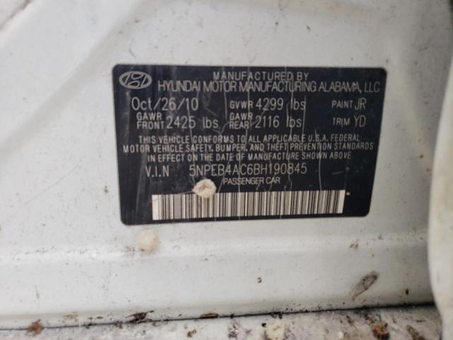 5NPEB4AC6BH190845 - 2011 HYUNDAI SONATA GLS WHITE photo 10