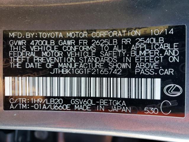 JTHBK1GG1F2165742 - 2015 LEXUS ES 350 GRAY photo 12