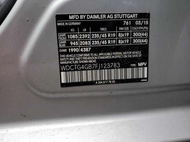 WDCTG4GB7FJ123783 - 2015 MERCEDES-BENZ GLA 250 4MATIC SILVER photo 12