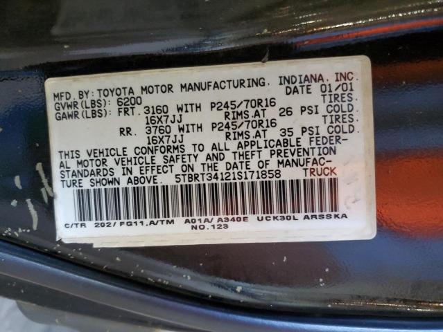 5TBRT34121S171858 - 2001 TOYOTA TUNDRA ACCESS CAB შავი ფოტო 12